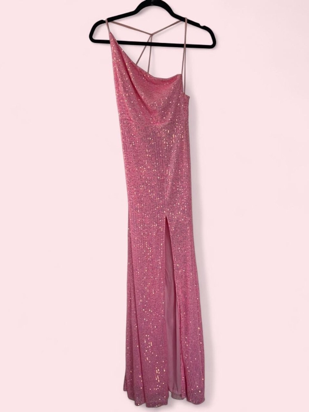 Sequin One-Shoulder Pink Maxi Dress with Front Slit